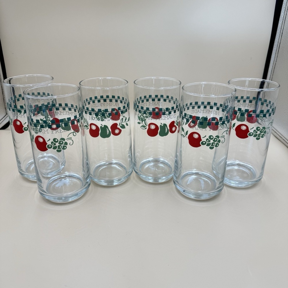 Vintage Libbey Fresh Market Farm Fruit Glasses Set of 6 Red Green 12oz Retro